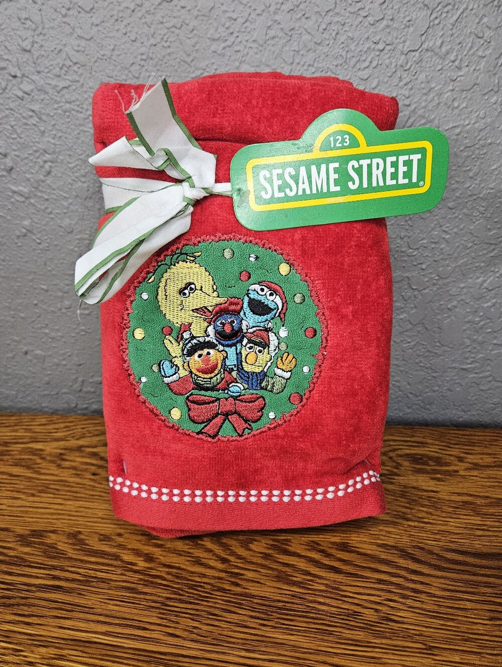 Sesame Street Christmas Hand Towel Red Embroidered Holiday Wreath